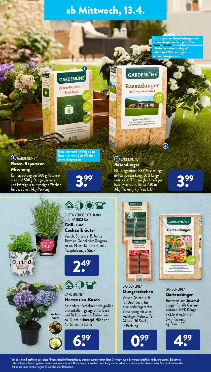 Aktueller Prospekt AldiSud - ALDI Aktuell - von 11.04 bis 16.04.2022 - strona 23 - produkty: alle artikel ohne dekoration, Blüte, cin, cocktail, dekoration, dünger, eis, elle, erde, gardenline®, Garten, gin, grill, hortensie, hortensien, kräuter, kulturtopf, minze, orchidee, orchideen, rasen, rasendünger, rasensamen, reis, rezept, Ti, topf, ZTE