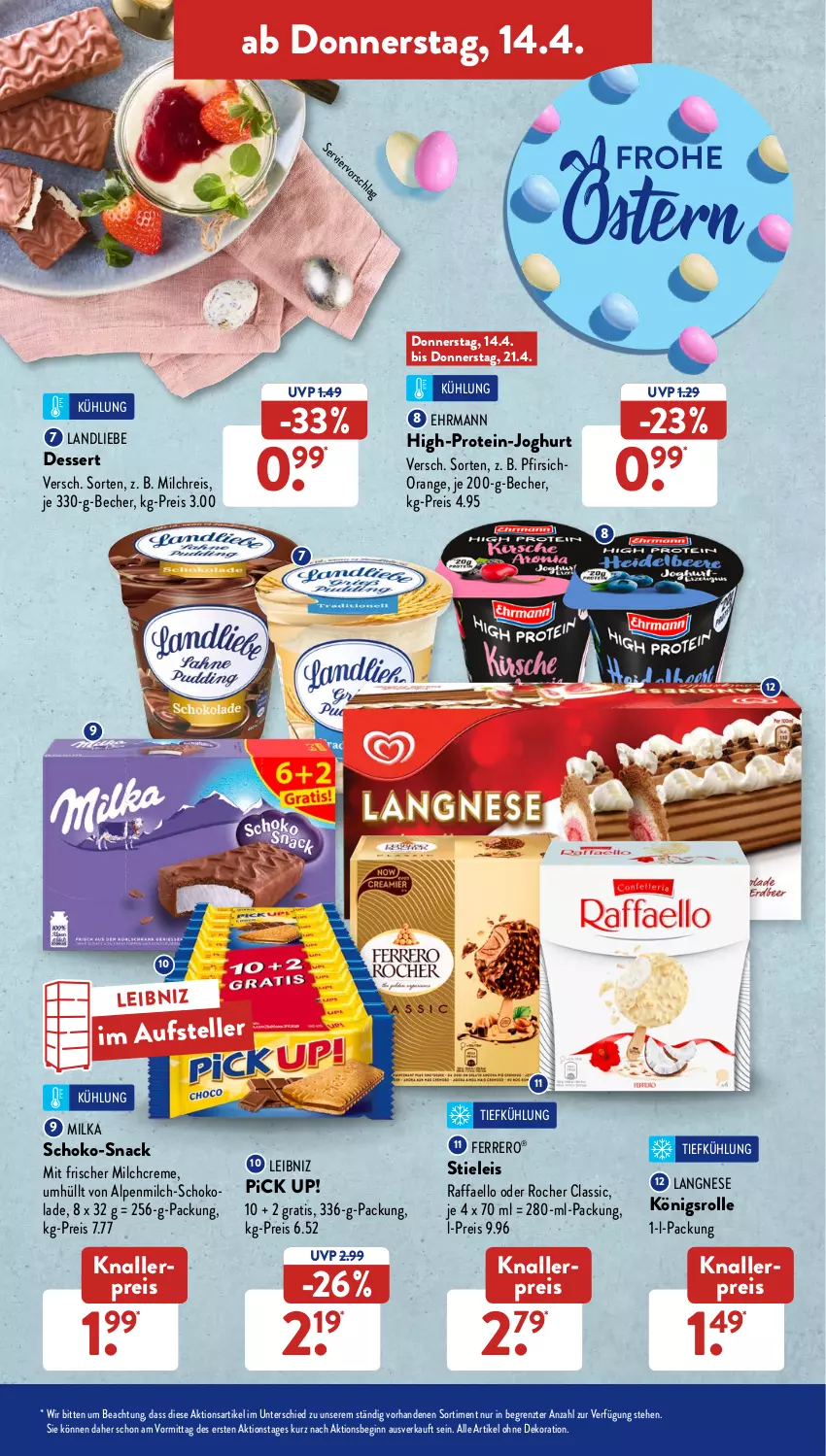 Aktueller Prospekt AldiSud - ALDI Aktuell - von 11.04 bis 16.04.2022 - strona 39 - produkty: alle artikel ohne dekoration, alpenmilch, Becher, creme, dekoration, dessert, ehrmann, eis, elle, ferrero, gin, joghur, joghurt, knallerpreis, landliebe, langnese, leibniz, milch, milchreis, milka, orange, pfirsich, Pick Up!, raffaello, reis, schoko, schokolade, snack, stieleis, teller, Ti, ZTE