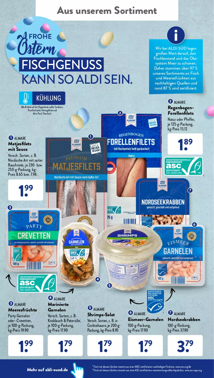 Aktueller Prospekt AldiSud - ALDI Aktuell - von 11.04 bis 16.04.2022 - strona 42 - produkty: aldi, almare, aqua, cocktail, cocktails, eis, elle, filet, filets, fisch, Fisch und Meeresfrüchte, fische, Fischer, forelle, früchte, früchten, garnelen, hering, Herings, heringsfilets, knoblauch, matjes, Matjesfilet, matjesfilets, meeresfrüchte, natur, Nordsee, nuss, petersilie, pfeffer, Rauch, reis, rel, ring, salat, Sardinen, sauce, Schere, thunfisch, Thunfischsalat, Ti