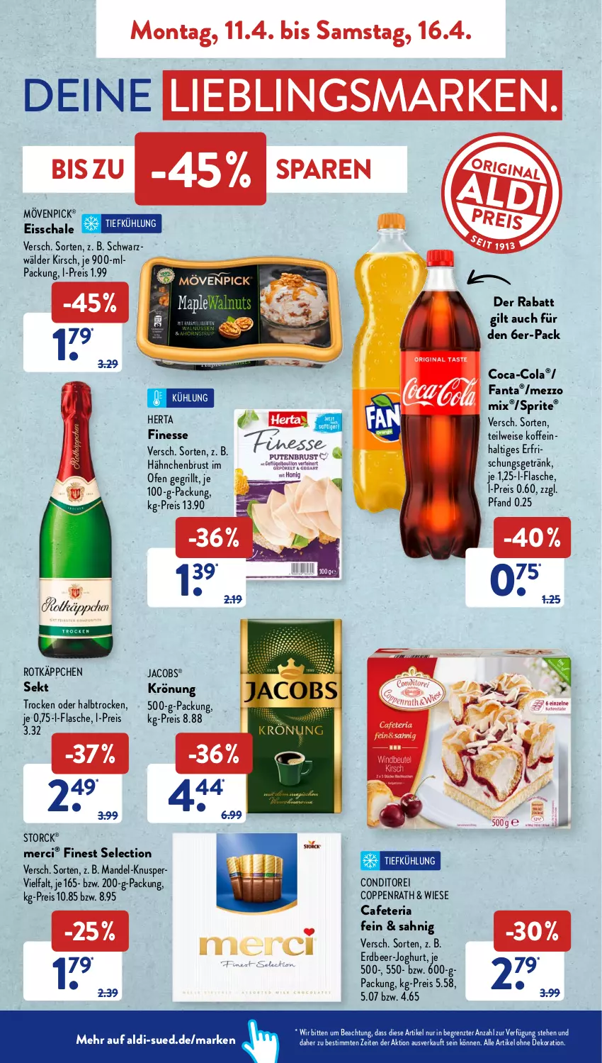 Aktueller Prospekt AldiSud - ALDI Aktuell - von 11.04 bis 16.04.2022 - strona 6 - produkty: aldi, alle artikel ohne dekoration, coca-cola, cola, coppenrath, dekoration, eis, erfrischungsgetränk, fanta, finesse, flasche, getränk, grill, hähnchenbrust, herta, jacobs, joghur, joghurt, kirsch, mandel, merci, Mezzo Mix, mövenpick, Ofen, reis, Ria, rotkäppchen, Schal, Schale, sekt, sprite, storck, Ti, ZTE