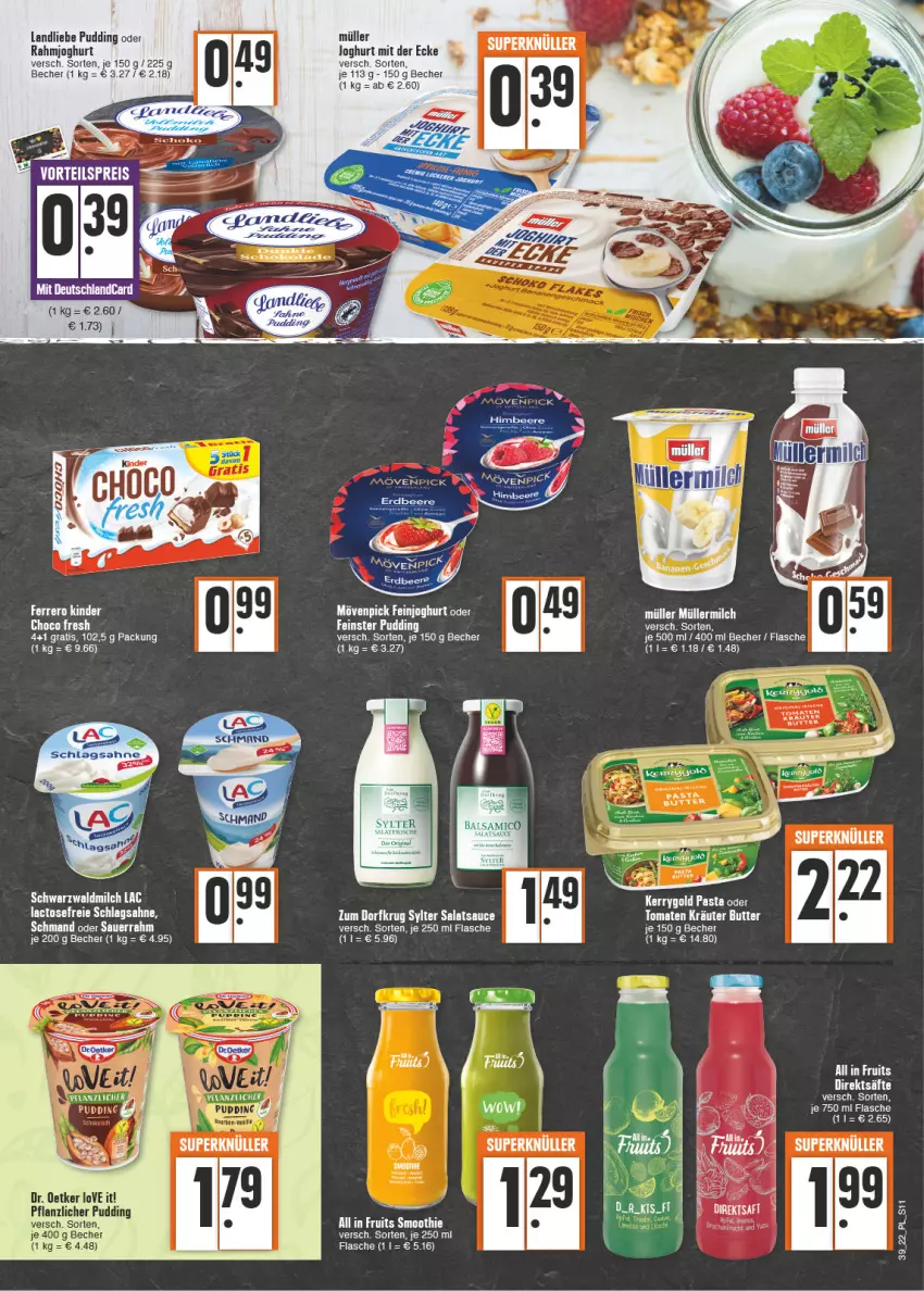 Aktueller Prospekt E Center - Angebote der Woche - von 26.09 bis 01.10.2022 - strona 11 - produkty: auer, Becher, beere, butter, choco fresh, Dr. Oetker, feinjoghurt, flasche, himbeer, himbeere, joghur, joghurt, joghurt mit der ecke, kerrygold, kräuter, landliebe, mövenpick, Müller, pasta, pudding, rahmjoghurt, rind, säfte, sahne, salat, salatsauce, sauce, Sauerrahm, schlagsahne, schmand, Sylter, tee, Ti, tomate, tomaten, Zum Dorfkrug