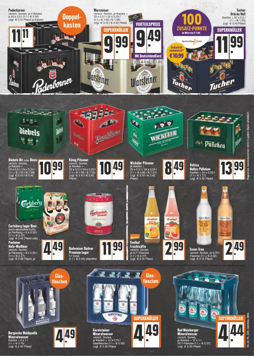 Aktueller Prospekt E Center - Angebote der Woche - von 26.09 bis 01.10.2022 - strona 9 - produkty: alkohol, Alwa, bier, carlsberg, eis, elle, flasche, frucht, fruchtsäfte, gerolsteine, gerolsteiner, getränk, getränke, glasflasche, Hefe, könig pilsener, mineralwasser, Paula, paulaner, pet-flasche, pils, pilsener, reis, säfte, steiner, Ti, tuc, Tucher, vorteilspreis, Waldquelle, warsteiner, wasser, WICK