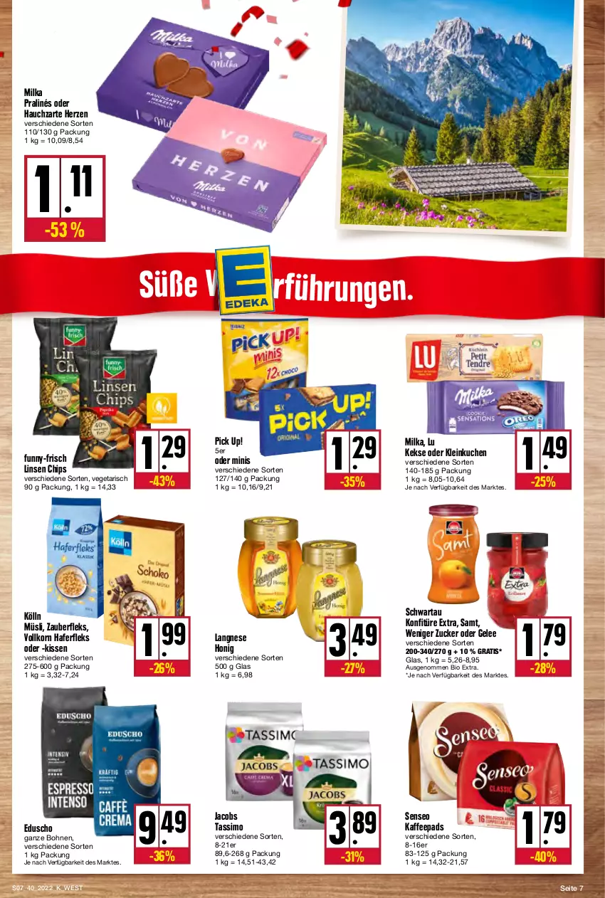 Aktueller Prospekt Kupsch - Angebote der Woche - von 04.10 bis 08.10.2022 - strona 7 - produkty: bio, bohne, bohnen, chips, eduscho, funny-frisch, gelee, hafer, haferfleks, honig, jacobs, jacobs tassimo, kaffee, kaffeepads, keks, kekse, kissen, kölln, konfitüre, konfitüre extra, korn, kuchen, langnese, linsen, milka, müsli, Pick Up!, Schwartau, senseo, sim, tassimo, Ti, Vegeta, zucker