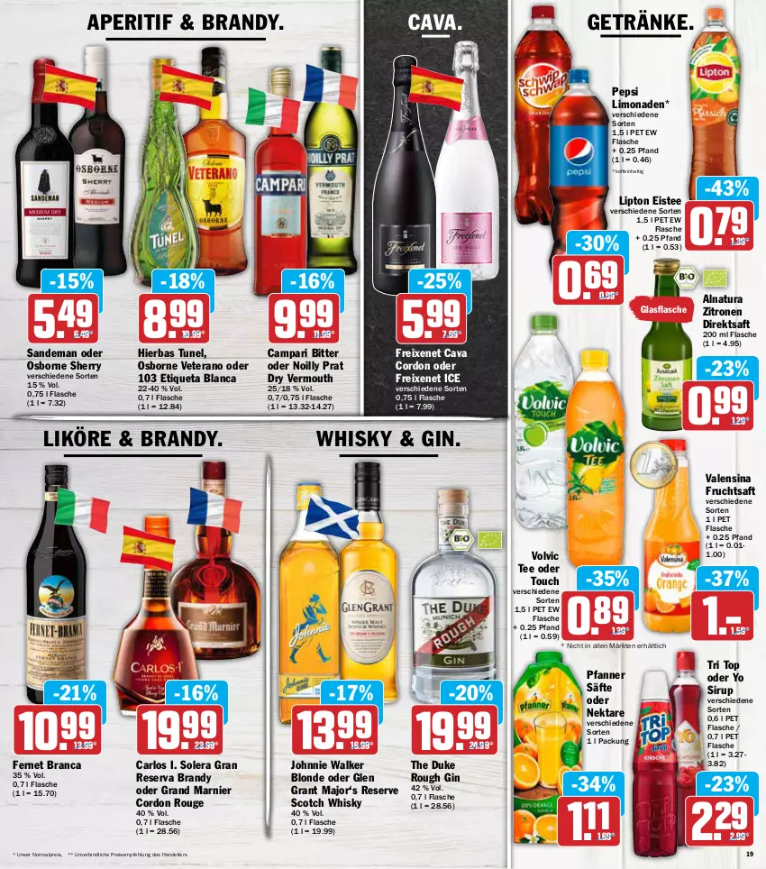 Aktueller Prospekt Aez - Prospekte - von 28.02 bis 05.03.2022 - strona 19 - produkty: aperitif, arlo, campari, Cava, direktsaft, eis, eistee, elle, Etiqueta Blanca, Fernet, fernet branca, flasche, freixenet, frucht, fruchtsaft, getränk, getränke, gin, glasflasche, Glen Grant, johnnie walker, likör, limo, limonade, limonaden, lipton, natur, natura, Nektar, osborne, pepsi, pfanne, Pfanner, reis, rouge, saft, säfte, scotch, scotch whisky, sirup, tee, teller, Ti, valensina, Vermouth, veterano, volvic, whisky, Yo, zitrone, zitronen