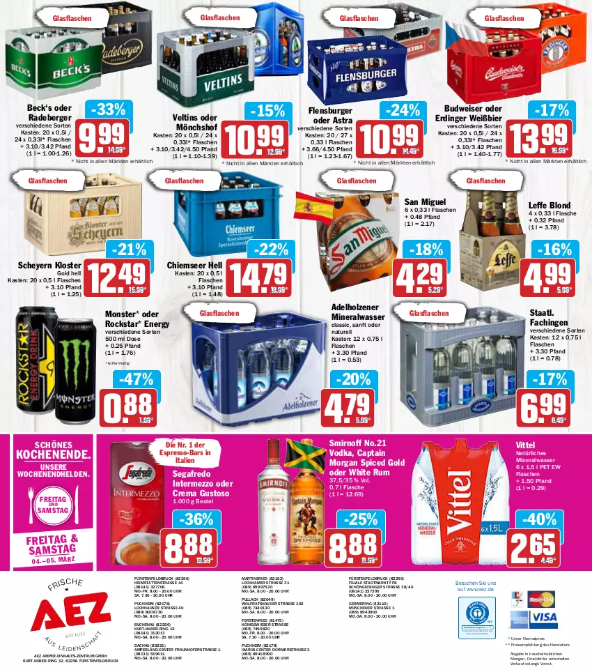 Aktueller Prospekt Aez - Prospekte - von 28.02 bis 05.03.2022 - strona 20 - produkty: adelholzener, AEZ, Alwa, Astra, Berger, beutel, bier, buch, budweiser, burger, Cap, captain morgan, drucker, eis, elle, Engel, ente, erdinger, espresso, fisch, flasche, flensburger, Germ, glasflasche, gsw, Holz, intermezzo, kerze, mineralwasser, mönchshof, monster, natur, natürliches mineralwasser, perla, radeberger, reis, rel, ring, Rockstar, rum, Segafredo, smirnoff, Staatl. Fachingen, teller, Ti, uhr, veltins, vittel, vodka, wasser, white rum