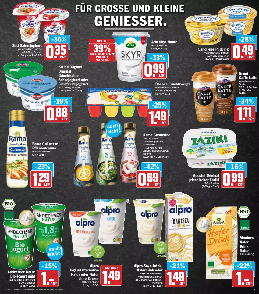 Aktueller Prospekt Aez - Prospekte - von 28.02 bis 05.03.2022 - strona 9 - produkty: alpro, andechser natur, arla, arla skyr, Becher, bio, caffè latte, creme, culinesse, danone, danone fruchtzwerge, drink, eis, elle, emmi, flasche, frucht, fruchtzwerge, gin, hafer, Haferdrink, joghur, joghurt, jogurt, landliebe, latte, leine, milch, natur, natura, pflanze, pflanzen, pflanzencreme, pudding, rama, rama cremefine, Rama Culinesse, reis, sahne, Sahnejoghurt, Skyr, soya, teller, tender, Ti, Yo, yoghurt, zaziki, zott, zucker