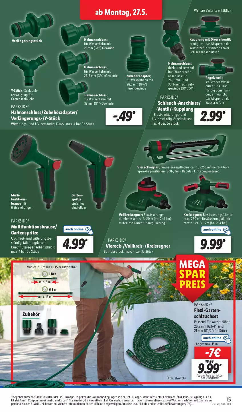 Aktueller Prospekt Lidl - Aktionsprospekt - von 27.05 bis 01.06.2024 - strona 19 - produkty: adapter, angebot, brause, coupon, eis, Garten, gartenschlauch, messer, Parkside, Persona, reis, Ria, schlauch, schläuche, Ti, uhr, Viereckregner, wasser, ZTE