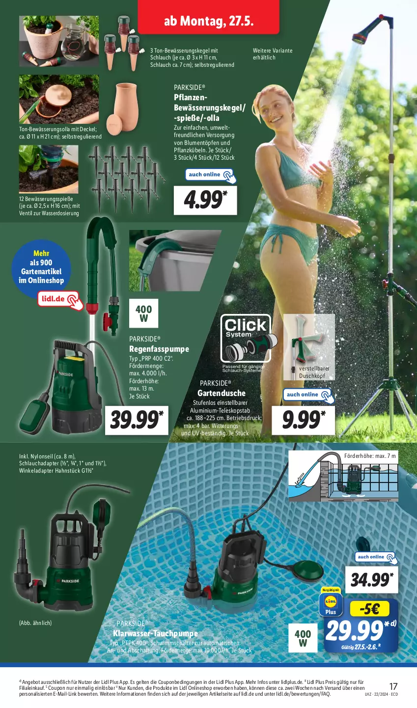 Aktueller Prospekt Lidl - Aktionsprospekt - von 27.05 bis 01.06.2024 - strona 21 - produkty: adapter, angebot, auto, blume, blumen, coupon, decke, Deckel, dusche, eis, Garten, Gartendusche, HP, Parkside, Persona, pflanze, pflanzen, reis, Ria, Schal, schlauch, Teleskop, Ti, tisch, wasser