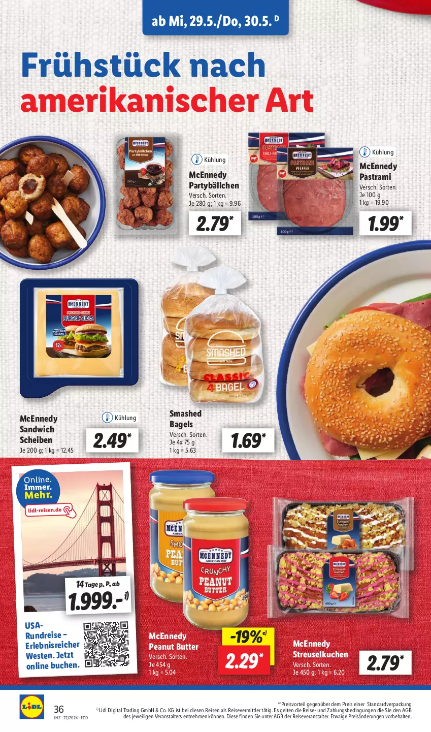 Aktueller Prospekt Lidl - Aktionsprospekt - von 27.05 bis 01.06.2024 - strona 44 - produkty: Astra, Bagel, buch, butter, eis, kuchen, mcennedy, pastrami, peanut butter, preisvorteil, reis, reiseveranstalter, sandwich, Streuselkuchen, Ti, Weste