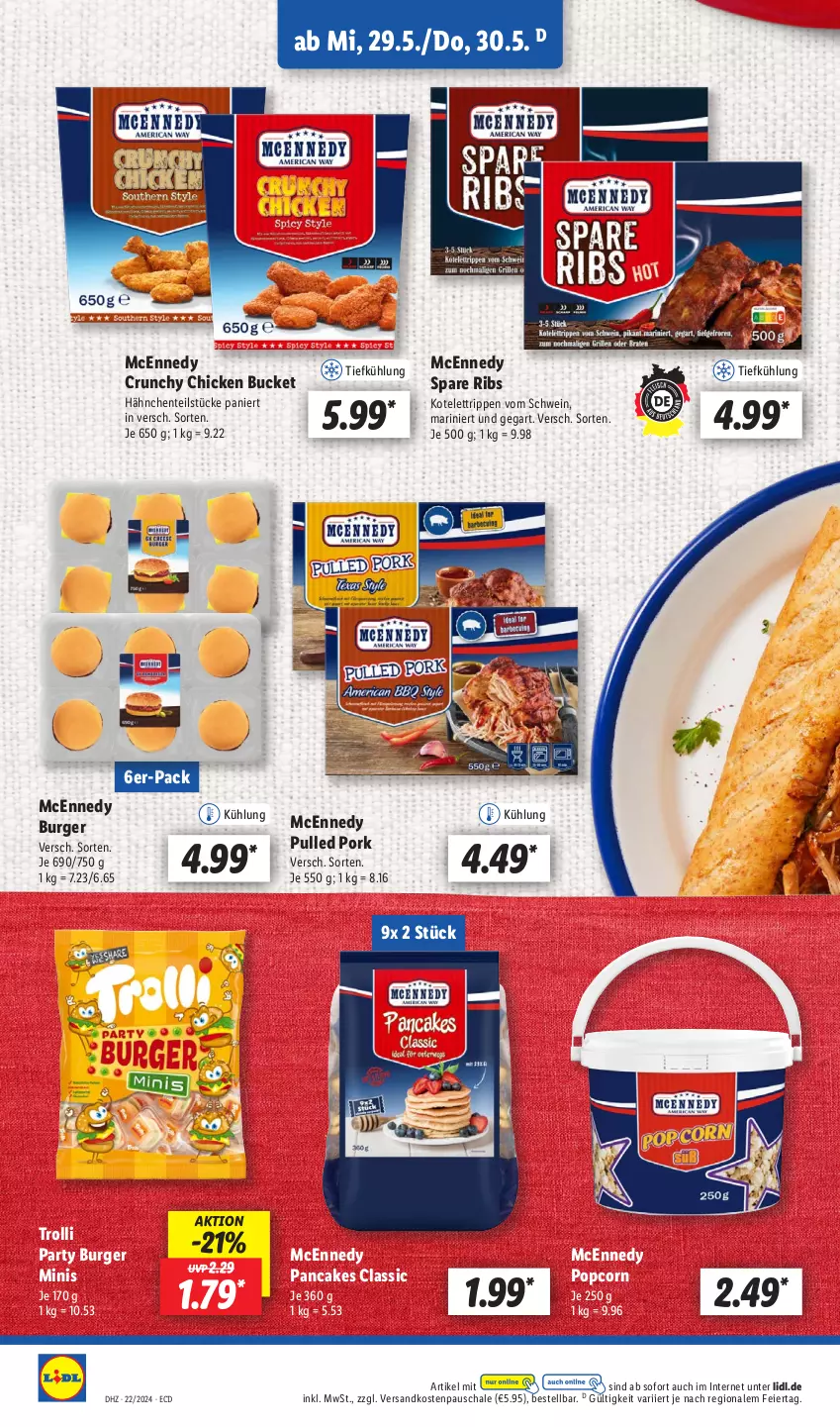 Aktueller Prospekt Lidl - Aktionsprospekt - von 27.05 bis 01.06.2024 - strona 48 - produkty: burger, eier, ente, kotelett, mcennedy, ndk, popcorn, Pulled Pork, Rippen, Schal, Schale, schwein, spare ribs, Ti, trolli, wein