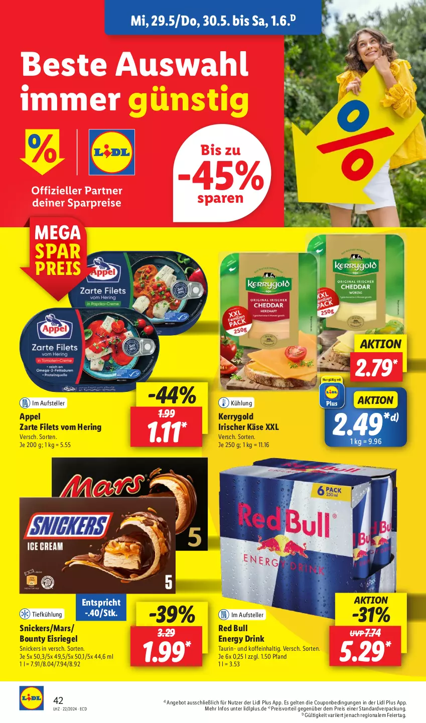 Aktueller Prospekt Lidl - Aktionsprospekt - von 27.05 bis 01.06.2024 - strona 52 - produkty: angebot, bounty, coupon, drink, eier, eis, Eisriegel, elle, energy drink, filet, filets, hering, Käse, kerrygold, mars, preisvorteil, red bull, reis, riegel, ring, snickers, teller, Ti