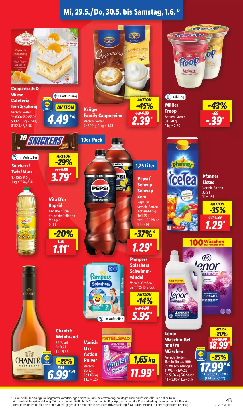 Aktueller Prospekt Lidl - Aktionsprospekt - von 27.05 bis 01.06.2024 - strona 53 - produkty: angebot, Cap, cappuccino, chantré, cin, coppenrath, coupon, eier, eis, eistee, elle, froop, krüger, lenor, lenor waschmittel, mars, Müller, müller froop, oxi action, pampers, pepsi, pfanne, Pfanner, preisvorteil, rapsöl, reis, Ria, Schwip Schwap, snickers, tee, teller, Ti, twix, vanish, vanish oxi action, vita, waschmittel, wein, weinbrand, ZTE