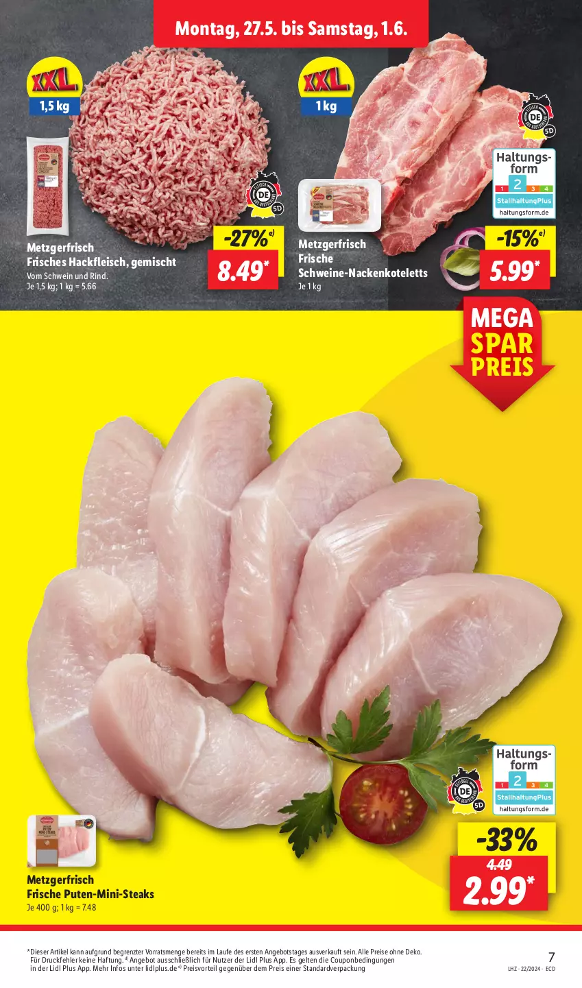 Aktueller Prospekt Lidl - Aktionsprospekt - von 27.05 bis 01.06.2024 - strona 7 - produkty: angebot, coupon, eis, fleisch, hackfleisch, kotelett, nackenkoteletts, preisvorteil, pute, reis, rind, schwein, schwein und rind, schweine, Schweine-Nackenkotelett, steak, steaks, Ti, vom schwein und rind, wein, weine, ZTE