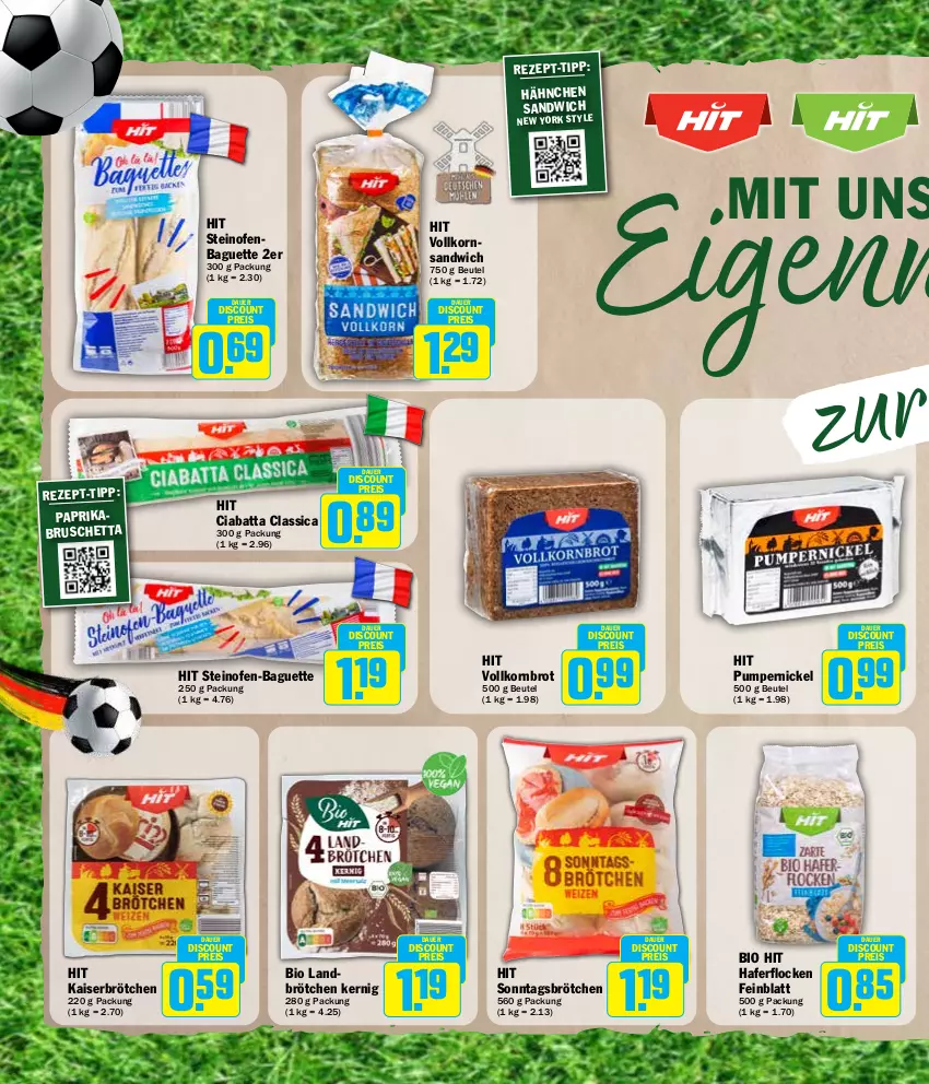 Aktueller Prospekt Hit - Wochenprospekt - von 10.06 bis 15.06.2024 - strona 16 - produkty: auer, baguette, beutel, bio, bio hit, brot, brötchen, ciabatta, discount, eis, hafer, haferflocken, Kaiser, korn, Kornbrot, Ofen, Pumpernickel, reis, sandwich, Sonntagsbrötchen, steinofen, Steinofen-Baguette, vollkornbrot, Yo