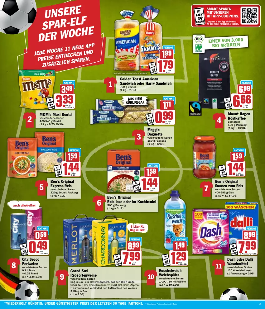 Aktueller Prospekt Hit - Wochenprospekt - von 10.06 bis 15.06.2024 - strona 3 - produkty: alkohol, aus dem kühlregal, bag-in-box, baguette, beutel, bio, coupon, coupons, dalli, decke, ecco, eis, flasche, gin, golden toast, grand sud, kaffee, kochbeutel, kühlregal, Kuschelweich, meggle, rebsortenweine, regal, reis, röstkaffee, sandwich, sauce, saucen, Ti, toast, waschmittel, weichspüler, wein, weine, ZTE