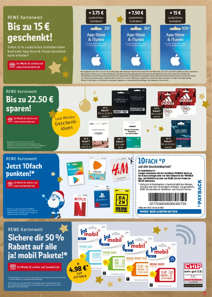 Aktueller Prospekt Rewe - Diese Woche im Angebot! - von 20.12 bis 24.12.2021 - strona 19 - produkty: angebot, Apple, auto, congstar, coupon, eis, erde, papier, payback, ring, rwe, Ti, tisch, usb