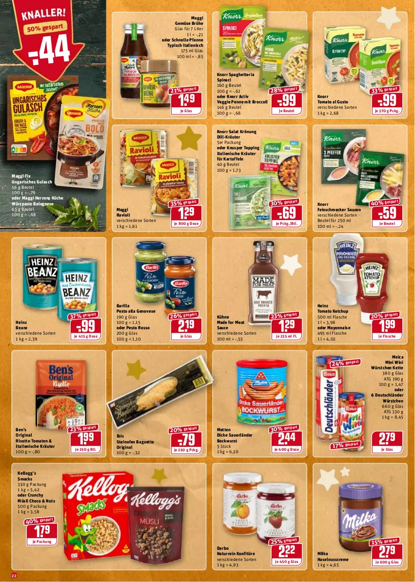 Aktueller Prospekt Rewe - Diese Woche im Angebot! - von 20.12 bis 24.12.2021 - strona 22 - produkty: auer, baguette, barilla, beanz, Ben’s Original, beutel, bockwurst, bolognese, broccoli, Brühe, creme, darbo, Dicke Sauerländer Bockwurst, elle, feinschmecker, flasche, genovese, gin, gulasch, haselnuss, Haselnusscreme, heinz, kartoffel, kartoffeln, ketchup, Kette, knorr, konfitüre, kräuter, küche, Kühne, mac, maggi, maggi fix, mayonnaise, meica, Mett, metten, milka, müsli, natur, nuss, Ofen, penne, pesto, pfanne, ravioli, Ria, risotto, salat, sauce, saucen, Smacks, steinofen, Ti, tomate, tomaten, tomato al gusto, tomato ketchup, veggie, wurst, würstchen, Yo