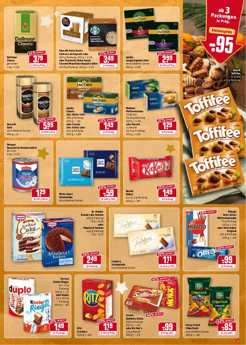 Aktueller Prospekt Rewe - Diese Woche im Angebot! - von 20.12 bis 24.12.2021 - strona 23 - produkty: ACC, beutel, café au lait, caramel, chia, chips, chipsfrisch, cracker, dallmayr, dolce gusto, dovgan, Dr. Oetker, duplo, ferrero, funny-frisch, gin, jacobs, keks, kekse, Kinder, kinder riegel, kitkat, kondensmilch, kuchen, lorenz, lungo, mac, macchiato, Meßmer, mikado, milch, Nescafé, nescafé gold, nestlé, oreo, pfeffer, riegel, ritter, ritter sport, saltletts, schoko, schokolade, Sport, starbucks, storck, tee, Ti, toffifee, ZTE, zucker