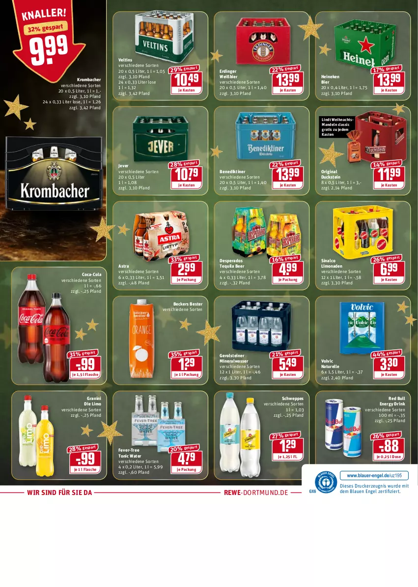 Aktueller Prospekt Rewe - Diese Woche im Angebot! - von 20.12 bis 24.12.2021 - strona 24 - produkty: Alwa, Astra, Beckers Bester, Benediktiner, bier, coca-cola, cola, desperados, drink, drucker, Duck, elle, energy drink, Engel, erdinger, fever-tree, flasche, gerolsteine, gerolsteiner, gin, granini, granini die limo, heineken, jever, kerze, krombache, krombacher, limo, limonade, limonaden, lindt, mandel, mandeln, mineralwasser, natur, red bull, rel, schweppes, sinalco, steiner, tequila, Ti, tonic, tonic water, veltins, volvic, wasser