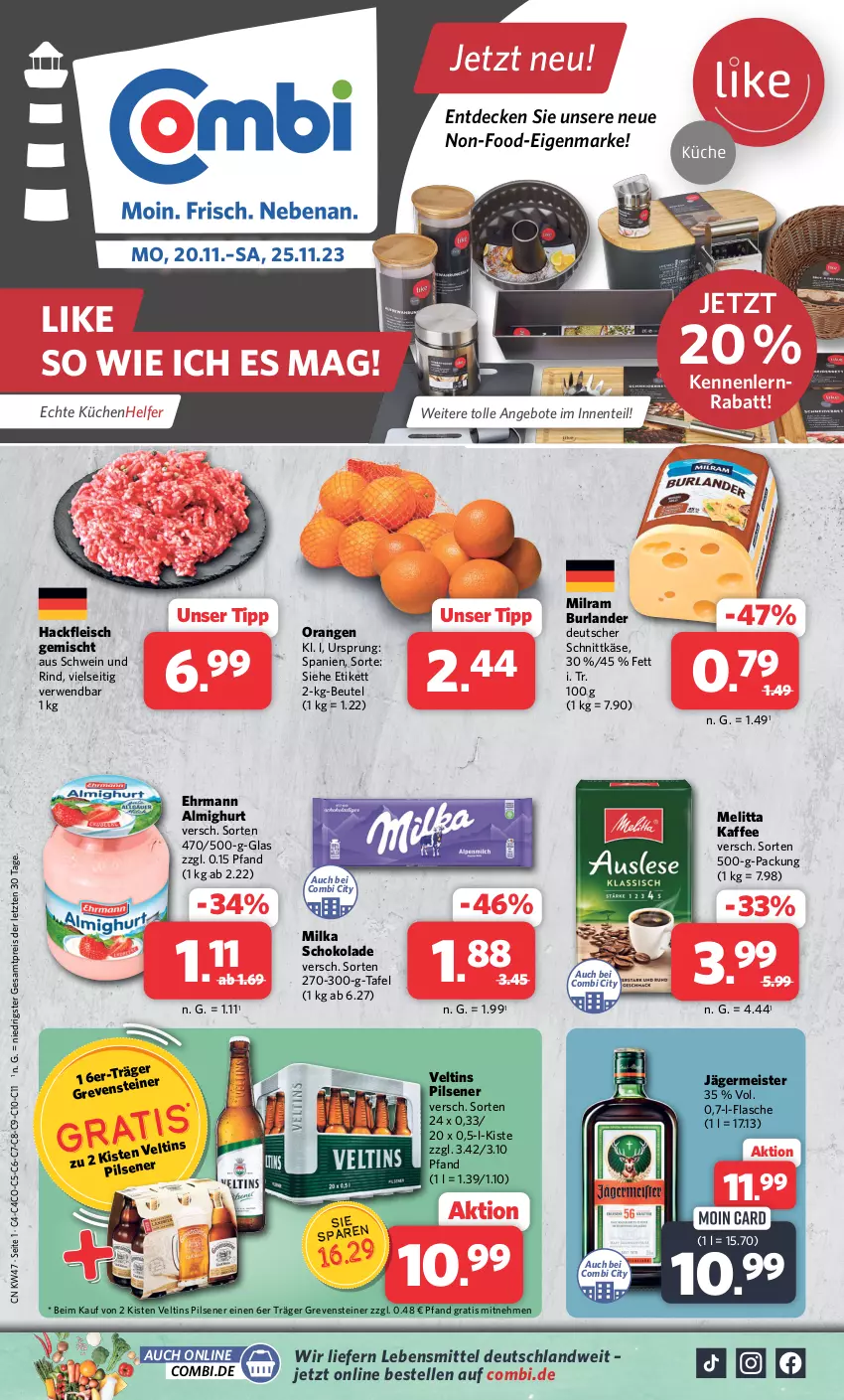 Aktueller Prospekt Combi - Prospekte - von 20.11 bis 25.11.2023 - strona 1 - produkty: almighur, almighurt, angebot, angebote, beutel, burlander, decke, deutscher schnittkäse, ehrmann, ehrmann almighurt, eis, elle, ente, flasche, fleisch, Germ, grevensteiner, hackfleisch, hackfleisch gemischt, jägermeister, kaffee, Käse, küche, Küchen, Küchenhelfer, lebensmittel, Meister, melitta, milka, milka schokolade, milram, orange, orangen, pils, pilsener, reis, rind, rwe, schnittkäse, schoko, schokolade, schwein, schwein und rind, steiner, Ti, veltins, veltins pilsener, wein, ZTE