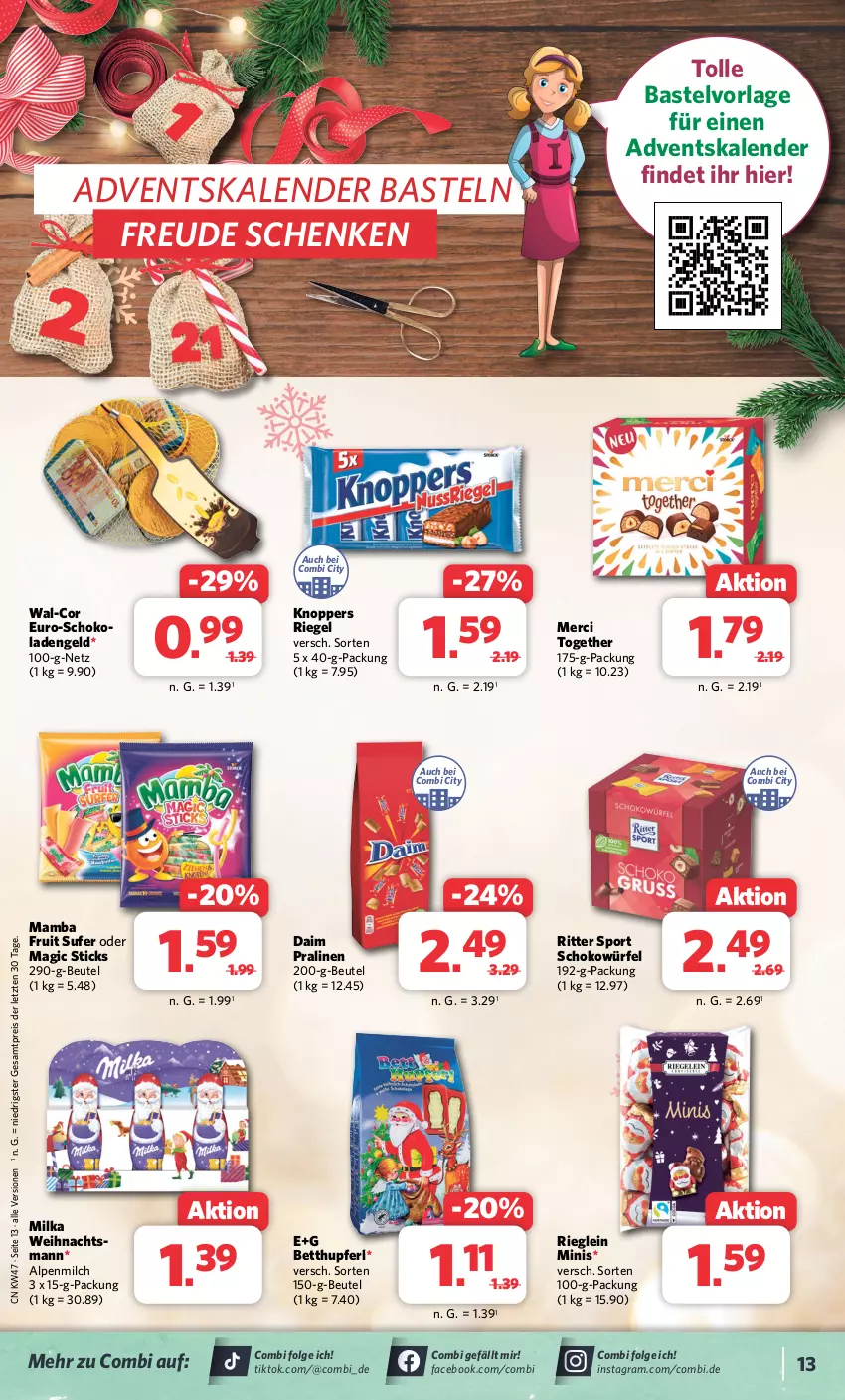 Aktueller Prospekt Combi - Prospekte - von 20.11 bis 25.11.2023 - strona 13 - produkty: Adventskalender, alpenmilch, bett, beutel, daim, eis, Engel, knoppers, LG, mam, merci, milch, milka, pralinen, reis, riegel, ritter, ritter sport, schoko, schokowürfel, Sport, Ti, würfel, ZTE