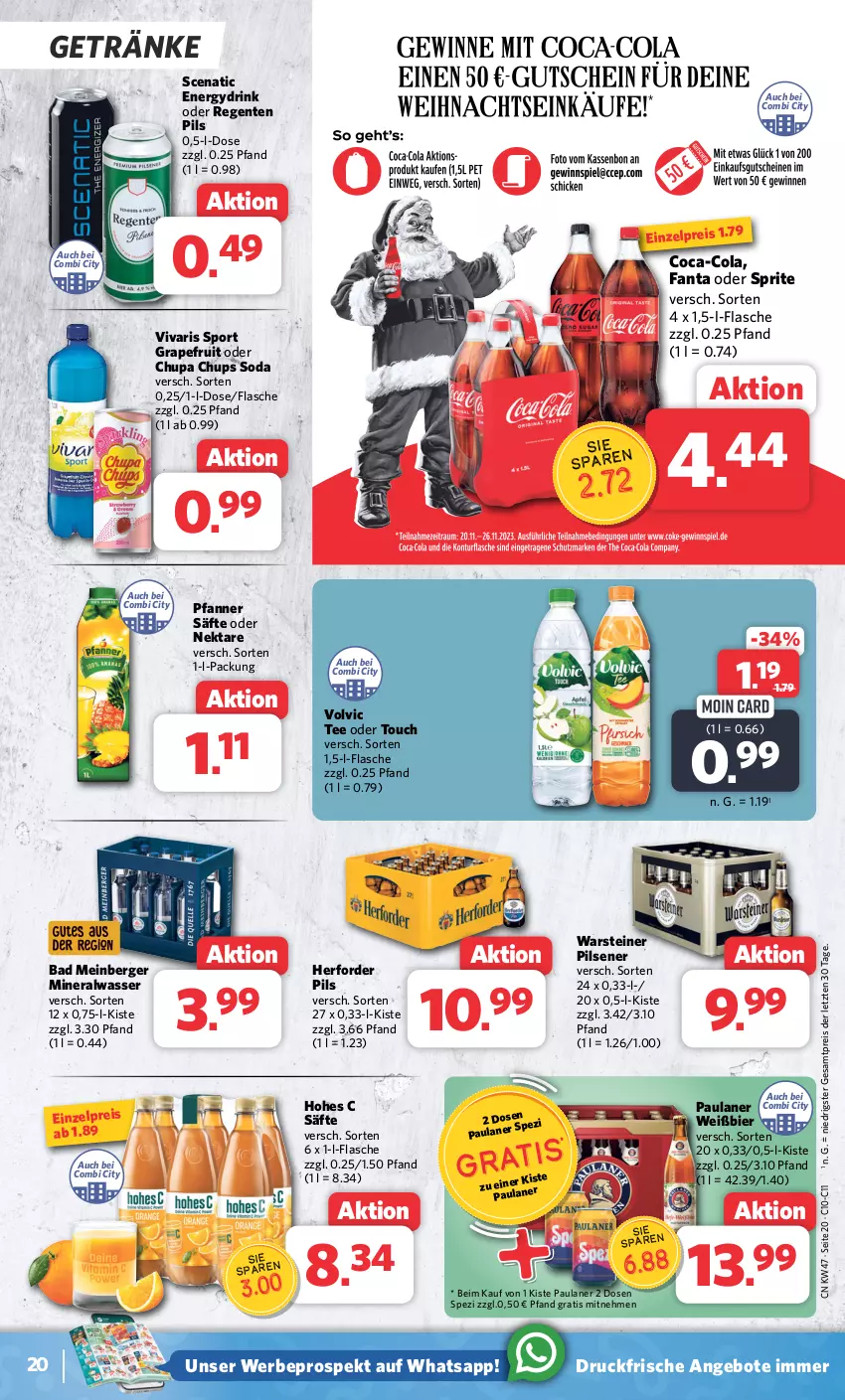 Aktueller Prospekt Combi - Prospekte - von 20.11 bis 25.11.2023 - strona 20 - produkty: Alwa, angebot, angebote, Bad, Berger, bier, chupa, chupa chups, coca-cola, cola, drink, eis, ente, fanta, fanta oder, fanta oder sprite, flasche, getränk, getränke, grapefruit, Hohes C, mineralwasser, Nektar, oder sprite, Paula, paulaner, pfanne, Pfanner, pils, pilsener, reis, säfte, Soda, Spezi, Sport, sprite, steiner, tee, Ti, Vivaris, volvic, warsteiner, wasser, ZTE