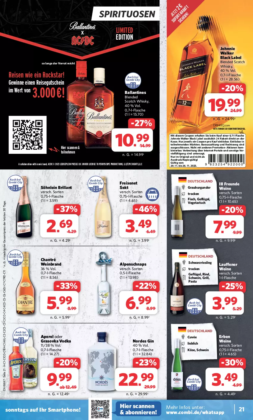 Aktueller Prospekt Combi - Prospekte - von 20.11 bis 25.11.2023 - strona 21 - produkty: aperol, ball, black label, blended scotch, blended scotch whisky, Brei, burgunder, chantré, coupon, cuvée, eis, fisch, flasche, freixenet, Geflügel, gin, grauburgunder, grill, gutschein, johnnie walker, Käse, lack, pasta, reis, riesling, rind, Rockstar, schwarzriesling, schwein, scotch, scotch whisky, sekt, smartphone, söhnlein, söhnlein brillant, spirituosen, Ti, Vegeta, vodka, wein, weinbrand, weine, whisky, ZTE