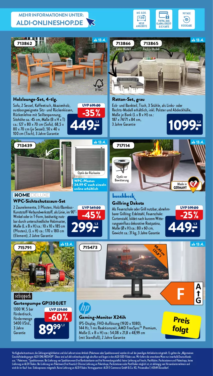 Aktueller Prospekt AldiSud - ALDI Aktuell - von 11.04 bis 16.04.2022 - strona 19 - produkty: aldi, angebot, angebote, aust, bambus, Bank, dell, edelstahl, eis, elle, ente, erde, feuerschale, Garten, Gartenpumpe, grill, Holz, ips-display, kaffee, kissen, LG, Liege, lounge-set, Mode, monitor, reis, ring, Rückenkissen, rückenlehne, rwe, Schal, Schale, sessel, Sitzhöhe, Sofa, Stühl, Ti, tisch