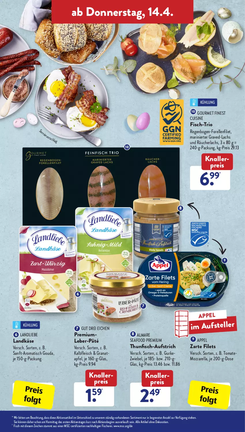 Aktueller Prospekt AldiSud - ALDI Aktuell - von 11.04 bis 16.04.2022 - strona 25 - produkty: alle artikel ohne dekoration, almare, apfel, aufstrich, dekoration, eis, elle, filet, filets, fisch, fische, Fischer, fleisch, forelle, gin, gouda, grana, granatapfel, gurke, Kalbfleisch, Käse, knallerpreis, lachs, landkäse, landliebe, LG, mozzarella, ndk, Rana, Räucherlachs, reis, rel, Schere, teller, thunfisch, Ti, tisch, tomate, ZTE, zwiebel