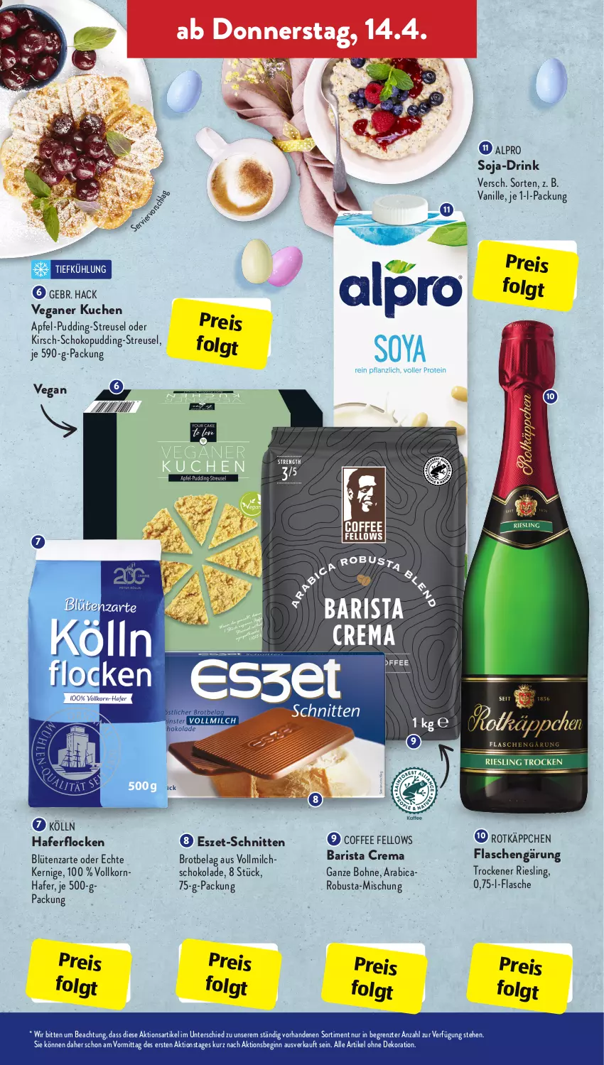 Aktueller Prospekt AldiSud - ALDI Aktuell - von 11.04 bis 16.04.2022 - strona 27 - produkty: alle artikel ohne dekoration, alpro, apfel, Blüte, bohne, brot, dekoration, drink, eis, flasche, gin, hafer, haferflocken, kirsch, kölln, korn, kuchen, LG, milch, pudding, reis, riesling, rotkäppchen, schnitten, schoko, schokolade, soja, Ti, vanille, vollmilch, ZTE