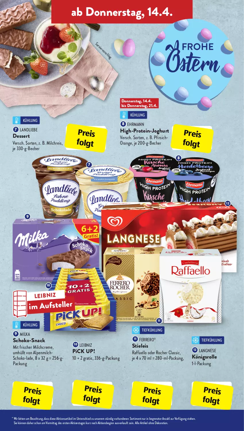 Aktueller Prospekt AldiSud - ALDI Aktuell - von 11.04 bis 16.04.2022 - strona 29 - produkty: alle artikel ohne dekoration, alpenmilch, Becher, creme, dekoration, dessert, ehrmann, eis, elle, ferrero, gin, joghur, joghurt, landliebe, langnese, leibniz, LG, milch, milchreis, milka, orange, pfirsich, Pick Up!, raffaello, reis, schoko, snack, stieleis, teller, Ti, ZTE