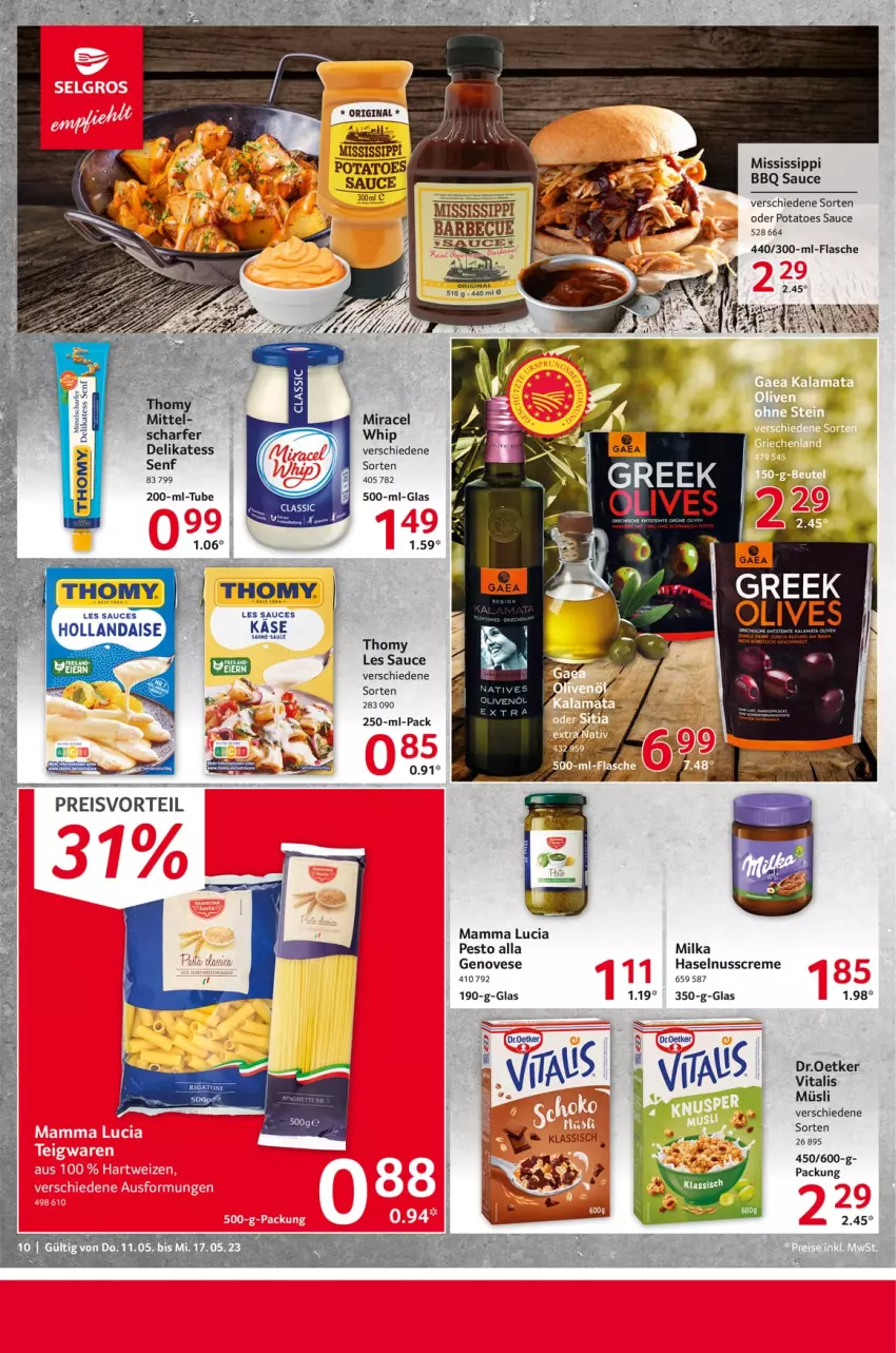 Aktueller Prospekt Selgros - Food - von 11.05 bis 17.05.2023 - strona 10 - produkty: barbecue, creme, droetker, flasche, genovese, gin, haselnuss, Haselnusscreme, hollandaise, mam, milka, miracel, müsli, nuss, pesto, potatoes, sauce, senf, thomy, vita, vitalis, vitalis müsli