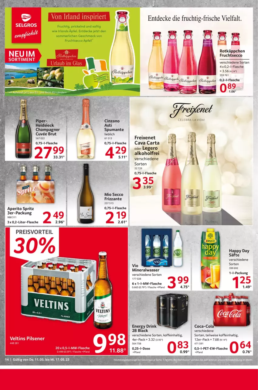 Aktueller Prospekt Selgros - Food - von 11.05 bis 17.05.2023 - strona 14 - produkty: alkohol, Alwa, apfel, asti, brut, Cava, champagne, champagner, cin, cinzano, coca-cola, cola, decke, drink, ecco, eis, energy drink, flasche, freixenet, frizzante, frucht, fruchtsecco, Happy Day, lack, mac, merl, mineralwasser, mw-flasche, pils, pilsener, preisvorteil, puma, Rana, reis, rotkäppchen, saft, säfte, spumante, Ti, wasser