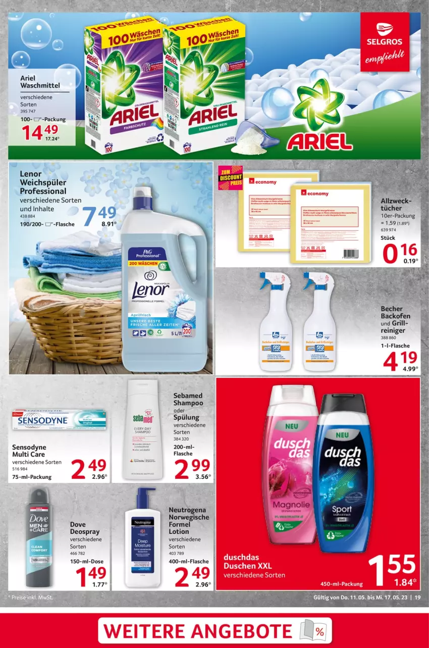 Aktueller Prospekt Selgros - Food - von 11.05 bis 17.05.2023 - strona 19 - produkty: ariel, ariel waschmittel, backofen, deo, deospray, dove, elle, flasche, grill, lenor, Lotion, neutrogena, Ofen, pril, reiniger, rwe, sebamed, sensodyne, shampoo, Ti, waschmittel, weichspüler