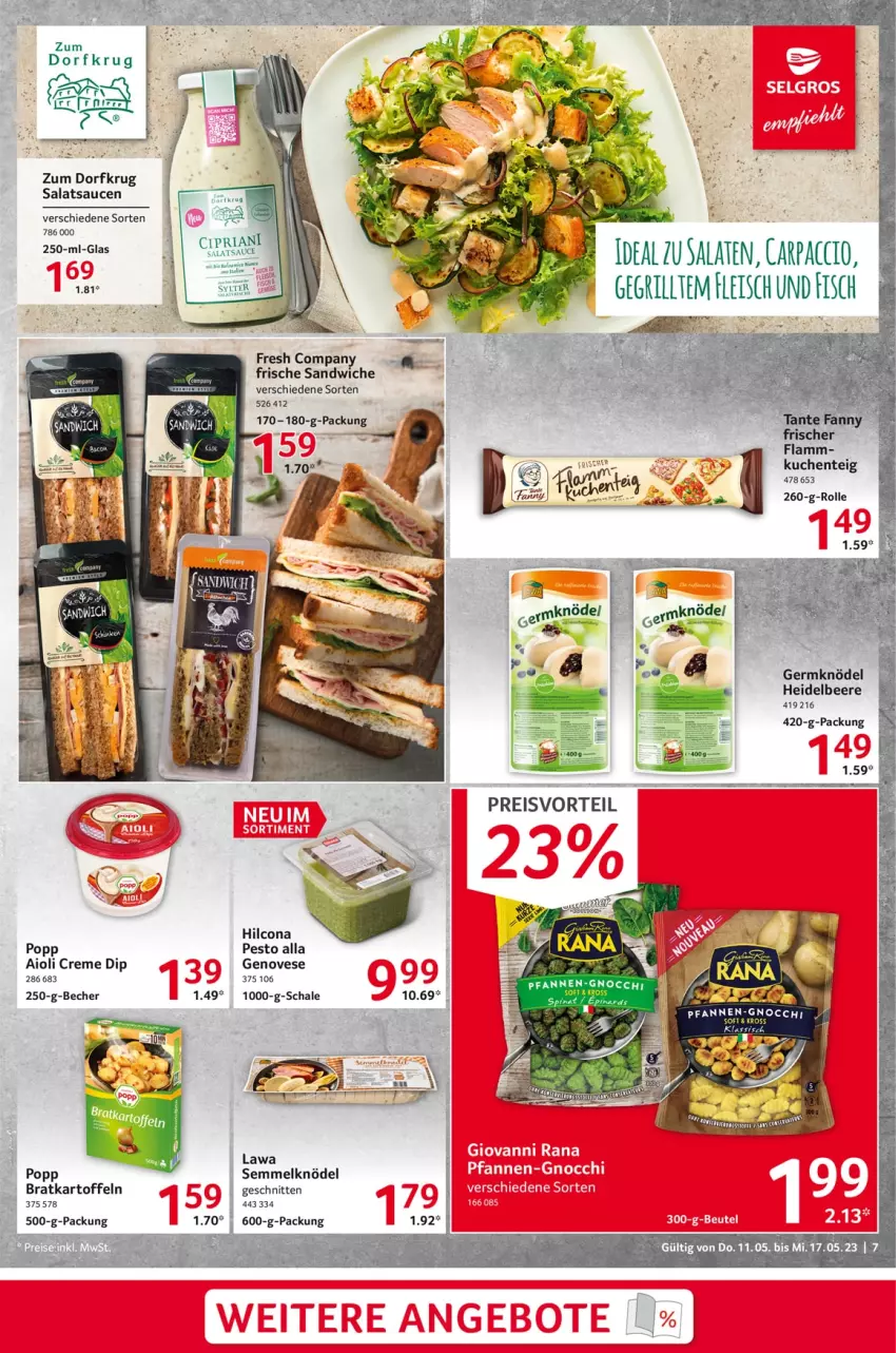 Aktueller Prospekt Selgros - Food - von 11.05 bis 17.05.2023 - strona 7 - produkty: aioli, angebot, angebote, Becher, beere, beutel, creme, dip, eis, ente, genovese, Germ, giovanni rana, gnocchi, heidelbeere, hilcona, kartoffel, kartoffeln, Knödel, kuchen, lamm, pesto, pfanne, pfannen, Popp, preisvorteil, Rana, reis, salat, salate, salatsauce, sandwich, sauce, saucen, Schal, Schale, schnitten, Semmel, Semmelknödel, tante fanny, Zum Dorfkrug