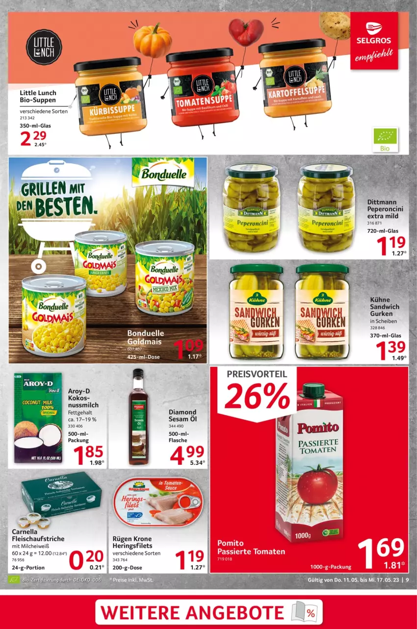 Aktueller Prospekt Selgros - Food - von 11.05 bis 17.05.2023 - strona 9 - produkty: aufstrich, bio, cin, dittmann, eis, filet, filets, flasche, fleisch, gurke, gurken, hering, Herings, heringsfilets, kokos, krone, milch, nuss, ring, sesam, suppe, suppen, Ti