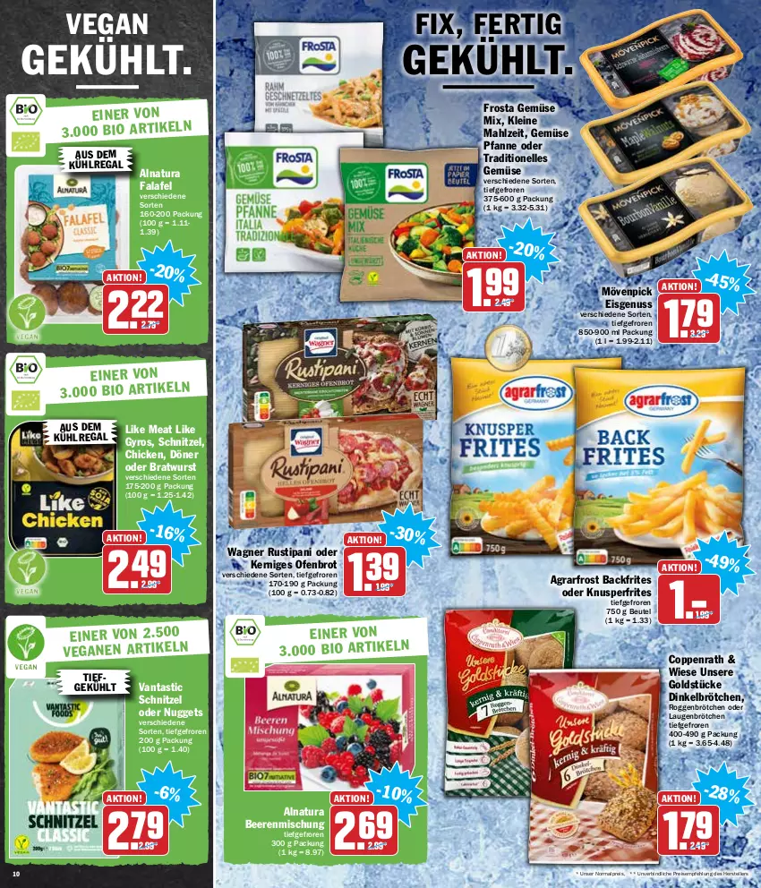 Aktueller Prospekt Hit - Prospekte - von 03.01 bis 08.01.2022 - strona 10 - produkty: agrarfrost, asti, aus dem kühlregal, beere, beeren, beutel, bratwurst, brot, brötchen, coppenrath, dinkelbrötchen, eis, elle, Falafel, frosta, Gemüse Mix, Goldstücke, gyros, kühlregal, leine, Like Meat, mövenpick, natur, natura, nuggets, nuss, Ofen, pfanne, regal, reis, roggenbrötchen, rustipani, schnitzel, teller, Ti, wagner, wurst