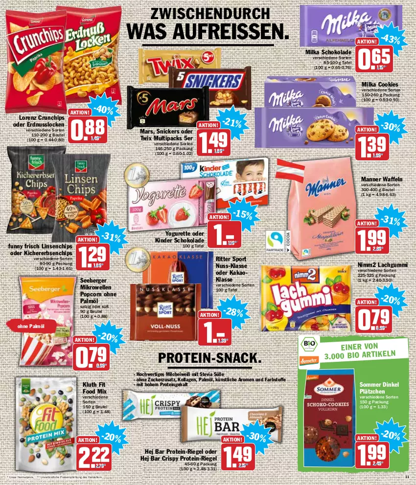 Aktueller Prospekt Hit - Prospekte - von 03.01 bis 08.01.2022 - strona 11 - produkty: Berger, beutel, chips, cookie, cookies, crunchips, eis, elle, erbsen, erdnuss, Funny Frisch, kakao, kichererbsen, Kinder, kinder schokolade, Kollagen, lachgummi, Lätzche, linsen, lorenz, lorenz crunchips, Manner, mars, mikrowelle, milch, milka, milka schokolade, nimm2, nuss, oder twix, ohne palmöl, popcorn, reis, reiss, riegel, ritter, ritter sport, salz, schoko, schokolade, seeberger, snack, snickers, Sport, teller, Ti, twix, waffeln, Yo, yogurette, zucker