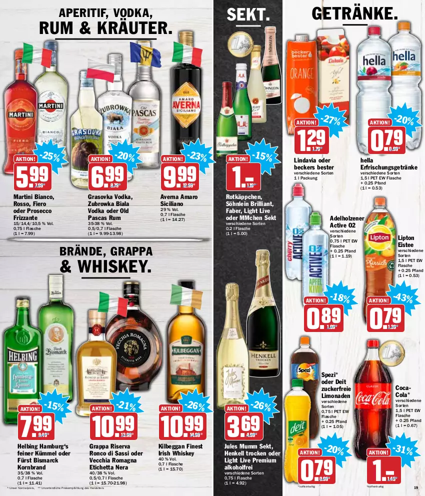 Aktueller Prospekt Hit - Prospekte - von 03.01 bis 08.01.2022 - strona 19 - produkty: adelholzener, alkohol, amaro, aperitif, averna, Beckers Bester, bismarck, chia, cola, deit, ecco, eis, eistee, elle, erfrischungsgetränk, erfrischungsgetränke, flasche, frizzante, getränk, getränke, grappa, hella, henkel, henkell, Henkell Trocken, Holz, irish whiskey, jules mumm, kilbeggan, korn, kräuter, limo, limonade, limonaden, lipton, martini, mumm, prosecco, reis, riserva, rotkäppchen, rum, sekt, söhnlein, Spezi, tee, teller, Ti, Vecchia Romagna, vodka, whiskey, zucker