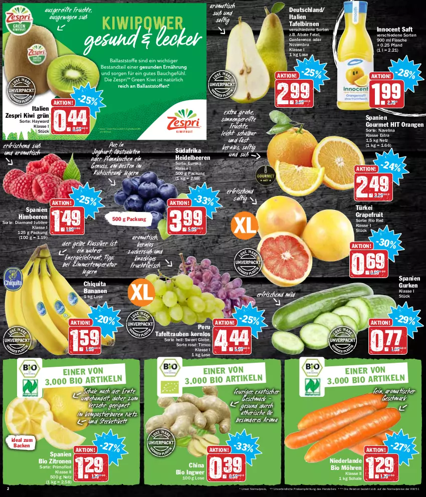 Aktueller Prospekt Hit - Prospekte - von 03.01 bis 08.01.2022 - strona 2 - produkty: banane, bananen, beere, beeren, bio, Birnen, chiquita, eis, elle, flasche, fleisch, frucht, früchte, fruchtfleisch, grapefruit, gurke, gurken, heidelbeere, heidelbeeren, himbeer, himbeere, himbeeren, ingwer, Innocent, joghur, joghurt, kiwi, kuchen, kühlschrank, mac, möhren, navelina, nuss, obst, orange, orangen, Pfannkuchen, reis, rel, saft, salat, salate, Schal, Schale, Schrank, Stier, tafelbirnen, tafeltrauben, teller, Ti, tisch, trauben, zespri, zitrone, zitronen, zucker