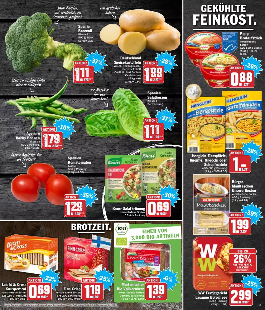 Aktueller Prospekt Hit - Prospekte - von 03.01 bis 08.01.2022 - strona 3 - produkty: aufstrich, Becher, berliner, bio, bohne, bohnen, bolognese, broccoli, brot, brotaufstrich, eier, eierspätzle, eintöpfe, eis, elle, feinkost, fertiggericht, fertiggerichte, fisch, gnocchi, henglein, kartoffel, kartoffeln, knorr, korn, Kornbrot, lasagne, mac, maultaschen, mestemacher, nudel, nudeln, Popp, reis, rel, Romatomaten, salat, salatherzen, salatkrönung, speisekartoffeln, Tasche, taschen, teller, tender, Ti, tomate, tomaten, vollkornbrot