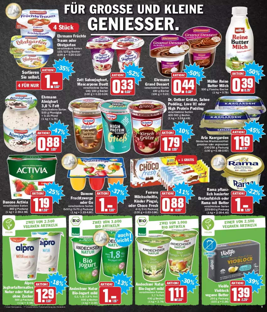 Aktueller Prospekt Hit - Prospekte - von 03.01 bis 08.01.2022 - strona 9 - produkty: activia, almighur, almighurt, alpro, andechser natur, arla, aufstrich, Becher, bio, brot, brotaufstrich, butter, choco fresh, danone, danone activia, dessert, Dr. Oetker, ehrmann, ehrmann almighurt, Ehrmann Grand Dessert, eis, elle, ferrero, flasche, frucht, früchte, fruchtzwerge, Garten, grütze, joghur, joghurt, jogurt, Kinder, kinder pingui, leine, mascarpone, milch, Milchschnitte, Müller, natur, obst, obstgarten, pingui, pudding, rama, reis, sahne, Sahnejoghurt, salz, teller, Ti, Tiere, zott, zucker