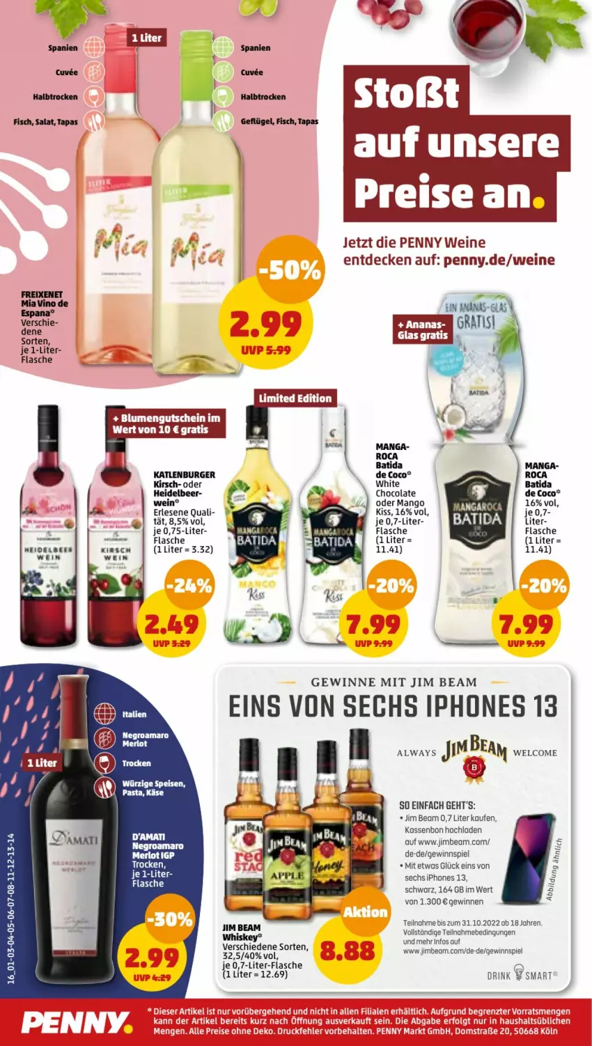 Aktueller Prospekt Penny - Prospekte - von 19.09 bis 24.09.2022 - strona 16 - produkty: Alwa, Always, amaro, ananas, batida, Bau, blume, blumen, burger, cola, decke, eis, ente, fisch, flasche, freixenet, Geflügel, gewinnspiel, gutschein, iphone, jim beam, Käse, katlenburger, kirsch, LG, mango, merl, merlot, pasta, reis, salat, Tapas, Ti, wein, weine, whiskey, white chocolate