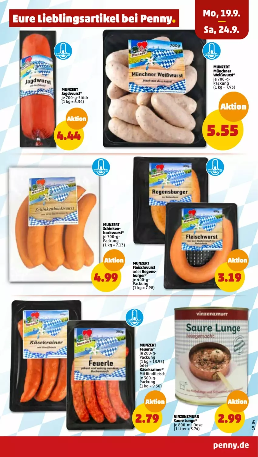 Aktueller Prospekt Penny - Prospekte - von 19.09 bis 24.09.2022 - strona 19 - produkty: bockwurst, burger, eis, fleisch, fleischwurst, jagdwurst, Käse, Käsekrainer, mac, rind, rindfleisch, schinken, Weißwurst, wurst