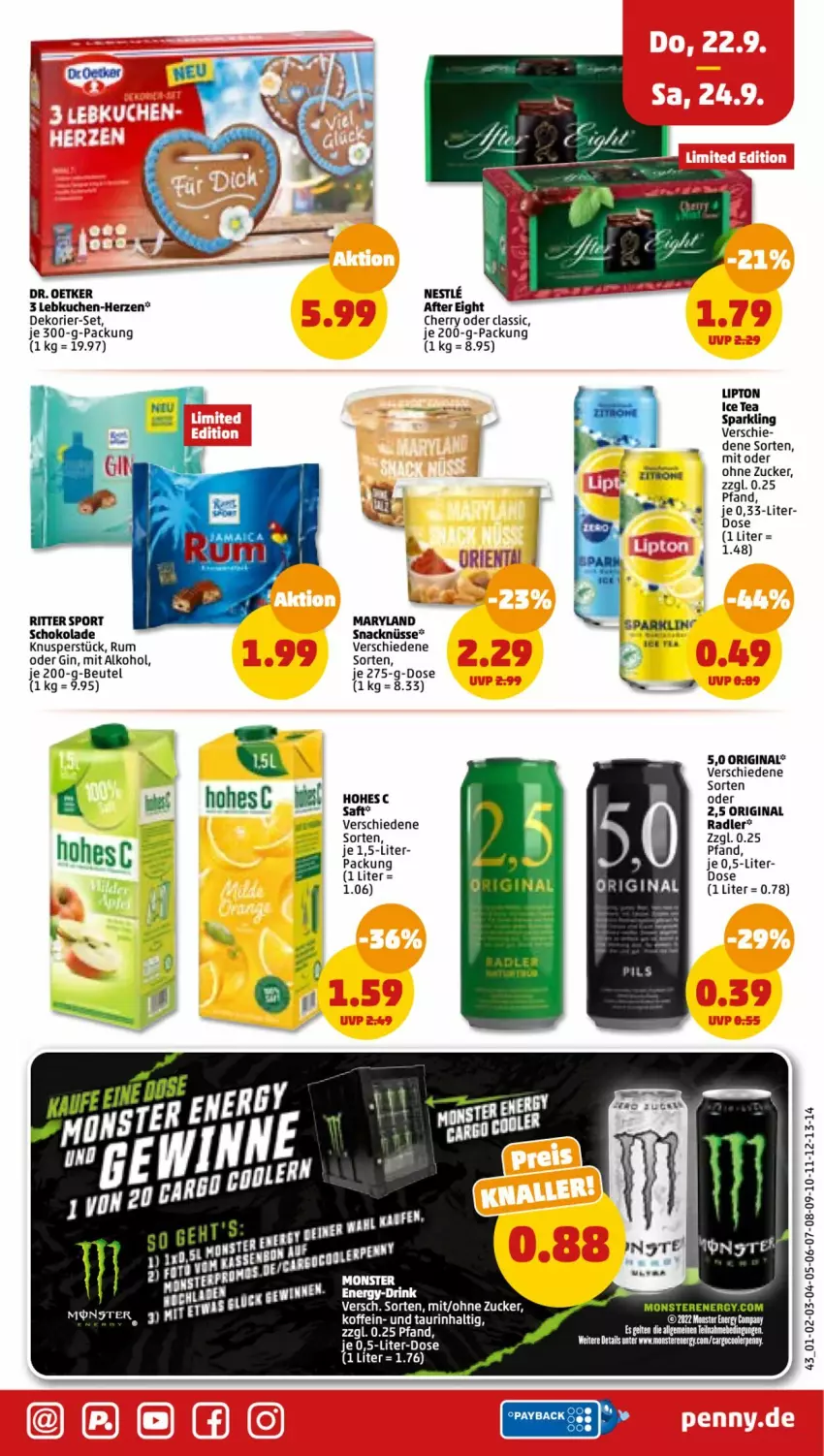 Aktueller Prospekt Penny - Prospekte - von 19.09 bis 24.09.2022 - strona 43 - produkty: after eight, alkohol, beutel, Dr. Oetker, gin, ice tea, kuchen, Lebkuchen, lipton, lipton ice tea, monster, Monster Energy, payback, radler, ritter, ritter sport, rum, schoko, schokolade, snack, Sport, Ti, zucker