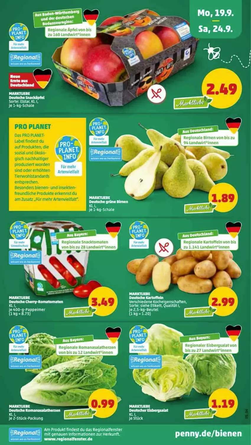 Aktueller Prospekt Penny - Prospekte - von 19.09 bis 24.09.2022 - strona 5 - produkty: apfel, Birnen, butter, eis, eisbergsalat, fenster, kartoffel, kartoffeln, Romanasalat, salat, salatherzen, snack, Ti, tomate, tomaten