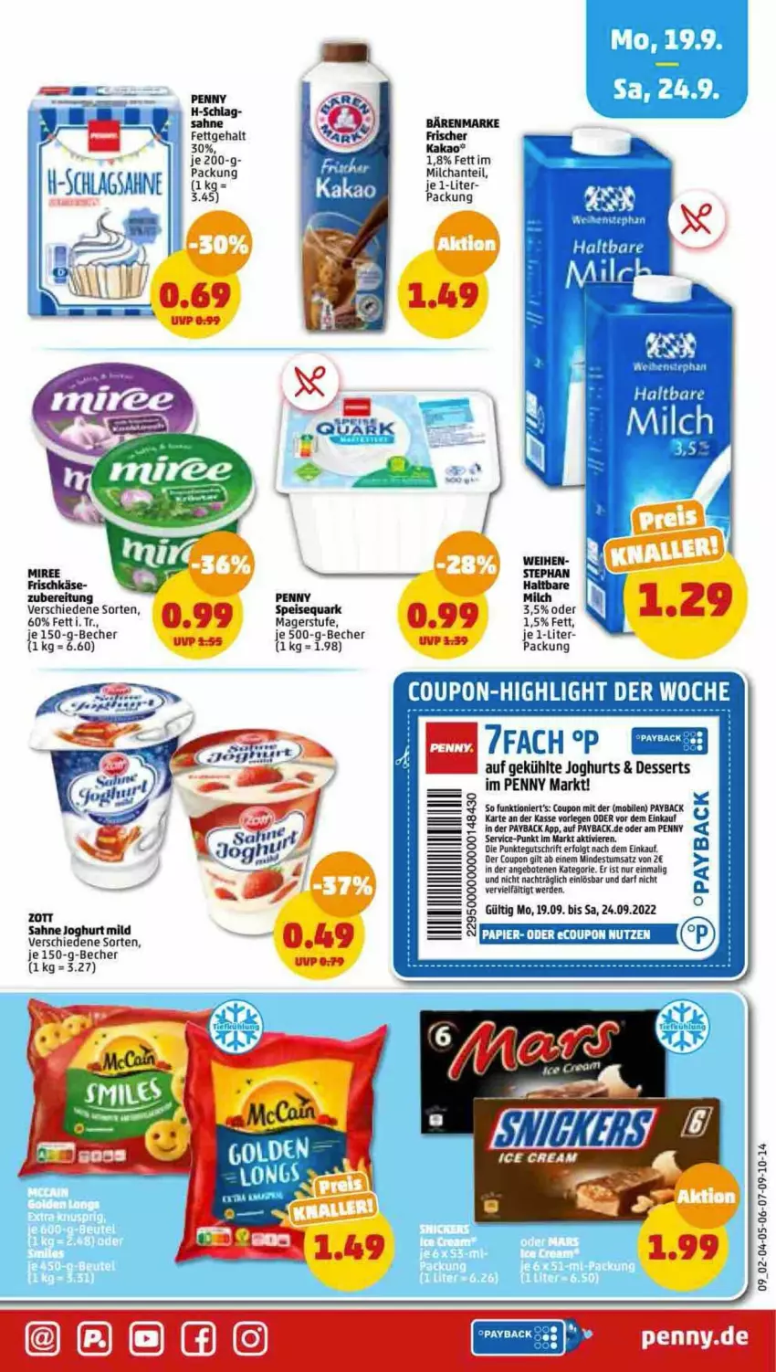 Aktueller Prospekt Penny - Prospekte - von 19.09 bis 24.09.2022 - strona 9 - produkty: angebot, angebote, bärenmarke, Becher, coupon, dessert, desserts, eis, erde, frischkäse, joghur, joghurt, kakao, Käse, LG, milch, miree, payback, quark, sahne, speisequark, tee, Ti, zott