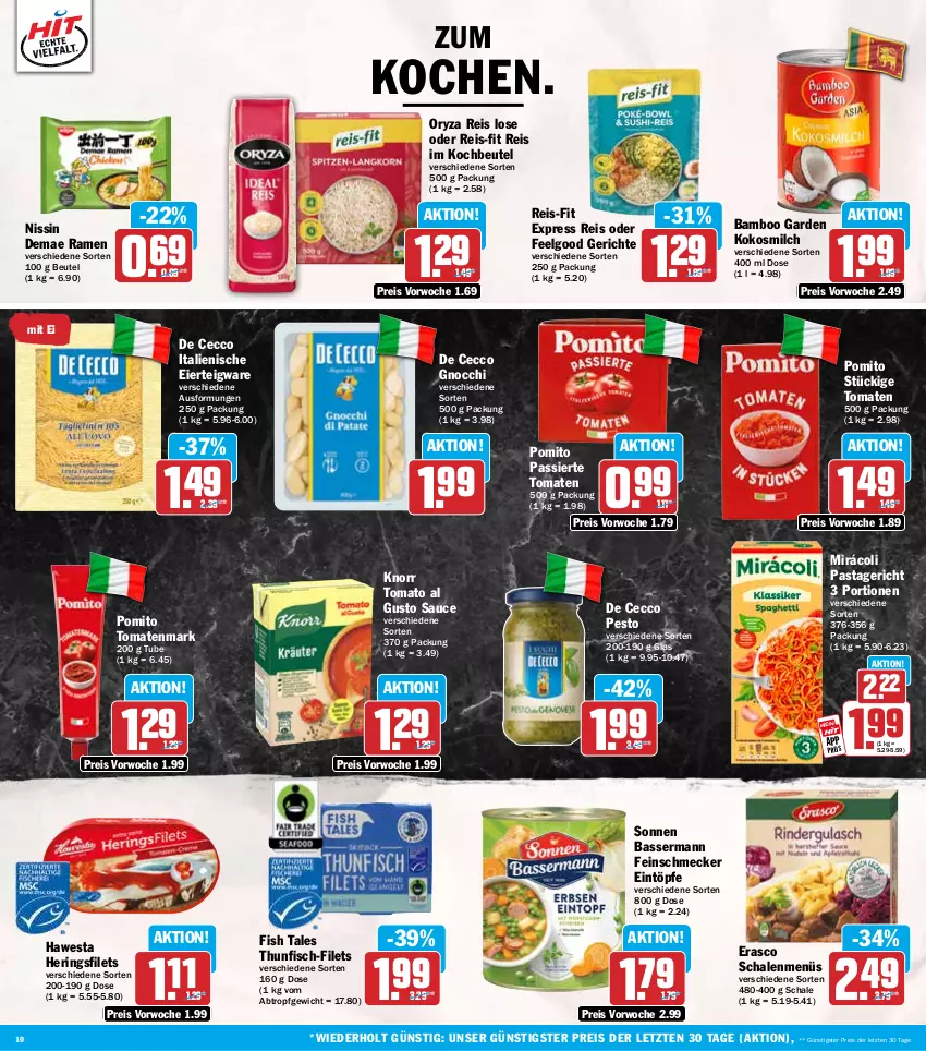 Aktueller Prospekt Hit - Wochenprospekt - von 13.10 bis 18.10.2025 - strona 10 - produkty: bamboo, beutel, De Cecco, ecco, eier, eintöpfe, eis, erasco, feinschmecker, filet, filets, fisch, gnocchi, hawesta, hering, Herings, heringsfilets, knorr, kochbeutel, kokos, kokosmilch, LG, milch, Mirácoli, Nissin, oryza, pasta, Pastagericht, pesto, pomito, reis, reis-fit, ring, sauce, Schal, Schale, thunfisch, Ti, tomate, tomaten, tomatenmark, tomato al gusto, ZTE