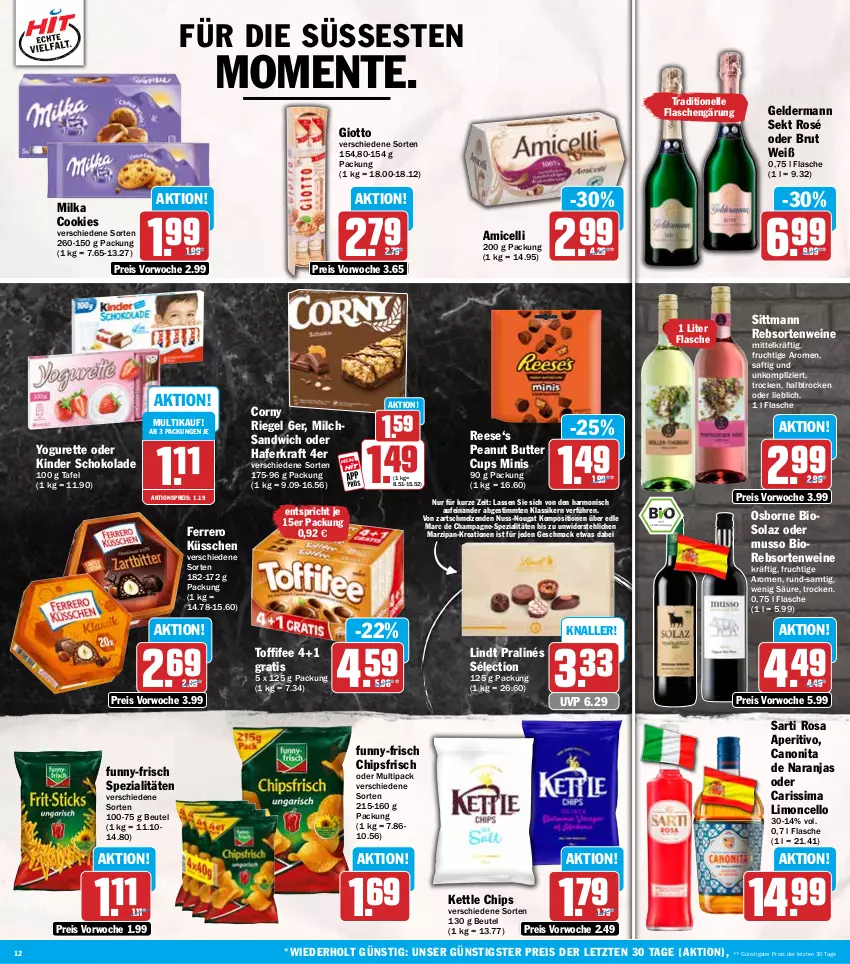 Aktueller Prospekt Hit - Wochenprospekt - von 13.10 bis 18.10.2025 - strona 12 - produkty: aktionspreis, amicelli, beutel, bio, brut, butter, canon, champagne, chips, chipsfrisch, cookie, cookies, corny, eis, elle, ente, ferrero, Ferrero Küsschen, flasche, frucht, funny-frisch, geldermann, giotto, hafer, Kinder, kinder schokolade, kraft, limo, lindt, mac, marzipan, milch, milka, nuss, olaz, osborne, peanut butter, rebsortenweine, reis, riegel, saft, sandwich, schoko, schokolade, sekt, sim, Spezi, Ti, toffifee, wein, weine, Yo, yogurette, ZTE