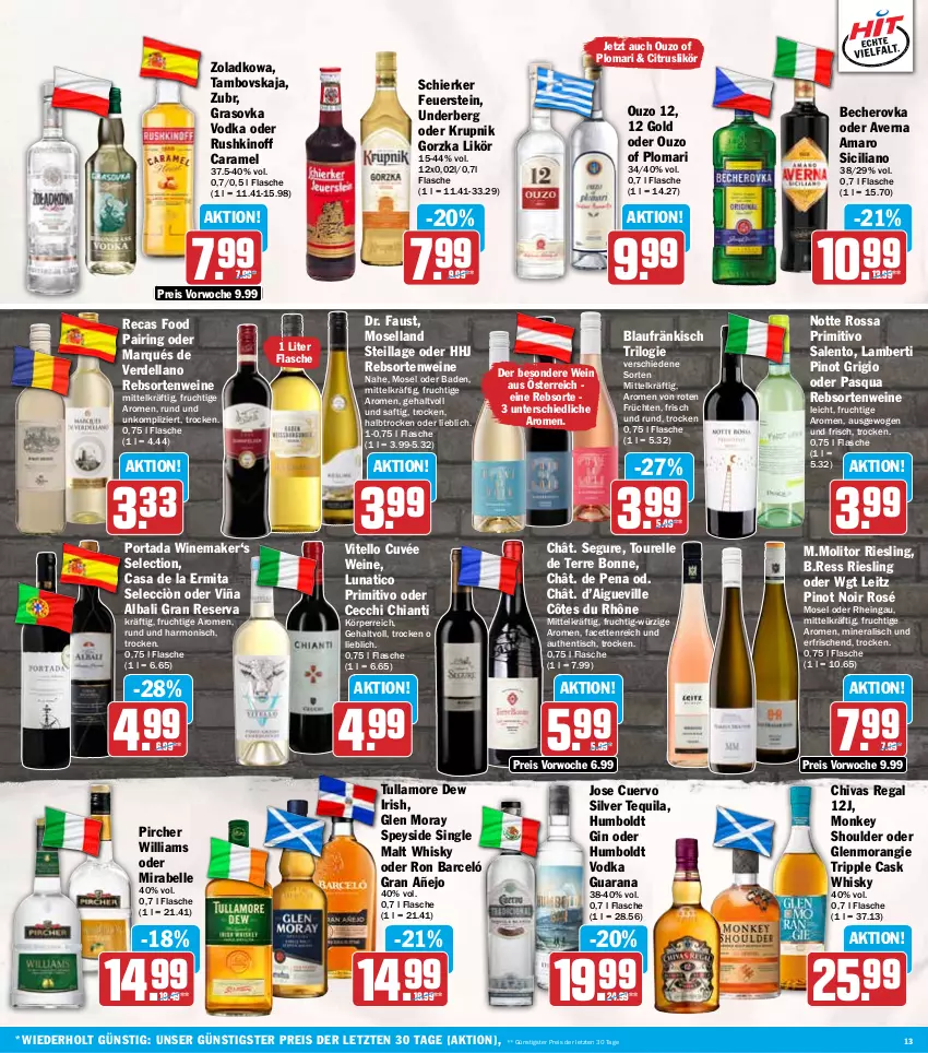 Aktueller Prospekt Hit - Wochenprospekt - von 13.10 bis 18.10.2025 - strona 13 - produkty: amaro, Amber, aust, averna, Bad, Becher, Becherovka, caramel, chia, chianti, citrus, cuvée, dell, eis, elle, erde, flasche, frucht, früchte, früchten, gin, hero, leitz, likör, moselland, ouzo, ouzo 12, Pinot, pinot grigio, pinot noir, pircher, primitivo, Rana, rebsortenweine, regal, reis, rel, riesling, ring, saft, single malt, tequila, Ti, tisch, tullamore, tullamore dew, underberg, vodka, wein, weine, whisky, ZTE